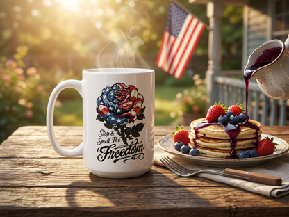 American Flag Rose Ceramic Mug — 'Stop and Smell The Freedom' Patriotic Coffee Cup (11oz/15oz) - Floral 4th of July Gift