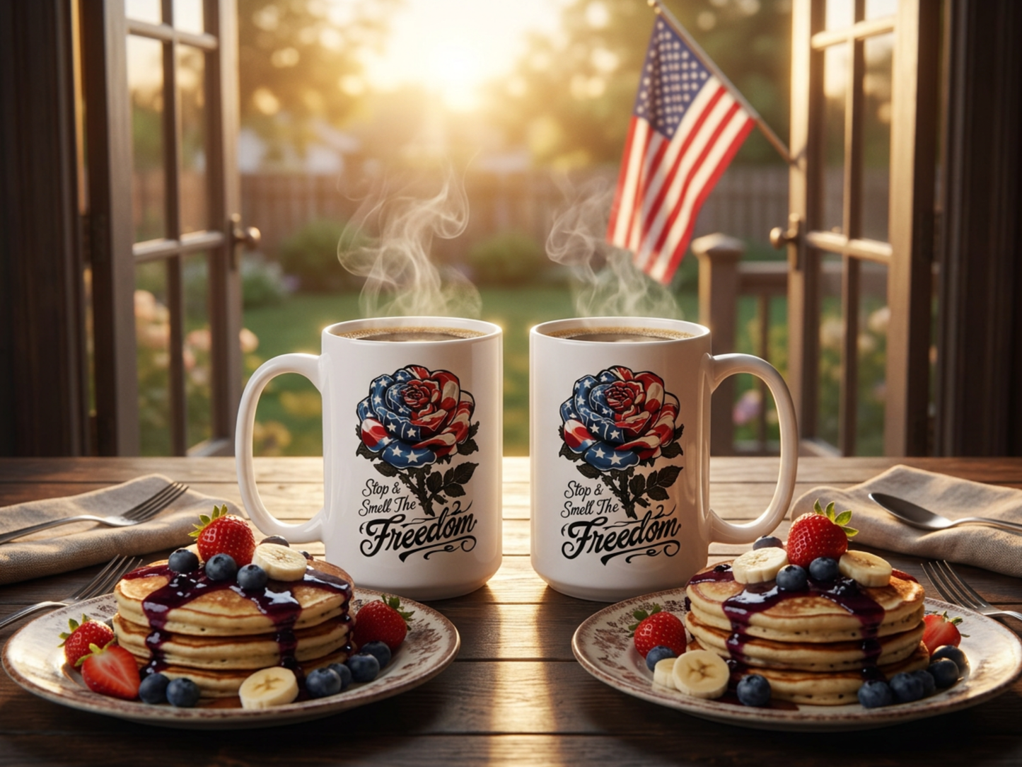 American Flag Rose Ceramic Mug — 'Stop and Smell The Freedom' Patriotic Coffee Cup (11oz/15oz) - Floral 4th of July Gift
