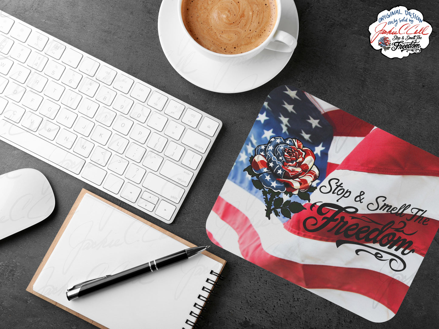 Stop and Smell The Freedom Mouse Pad | American Flag Rose, Patriotic Desk Mat | 9x8 inch