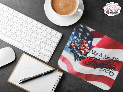 Stop and Smell The Freedom Mouse Pad | American Flag Rose, Patriotic Desk Mat | 9x8 inch
