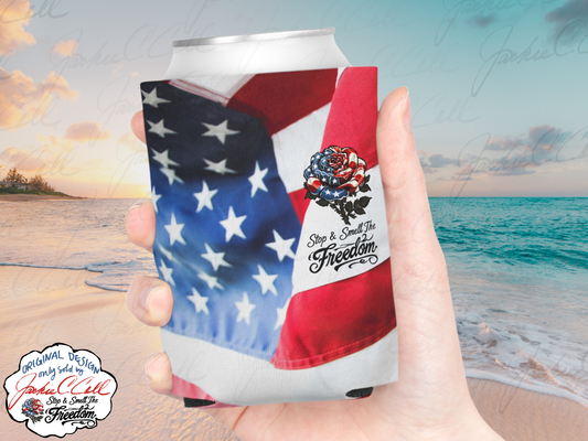American Flag Rose Can Cooler | Patriotic Beverage Koozie, Star Spangled Freedom Design Can Coozie