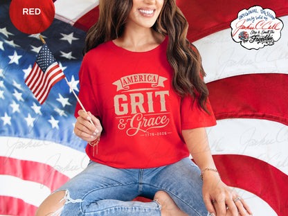 America Grit and Grace T-Shirt — Patriotic 1776-2026 America's 250th Graphic Cursive Letter Tee