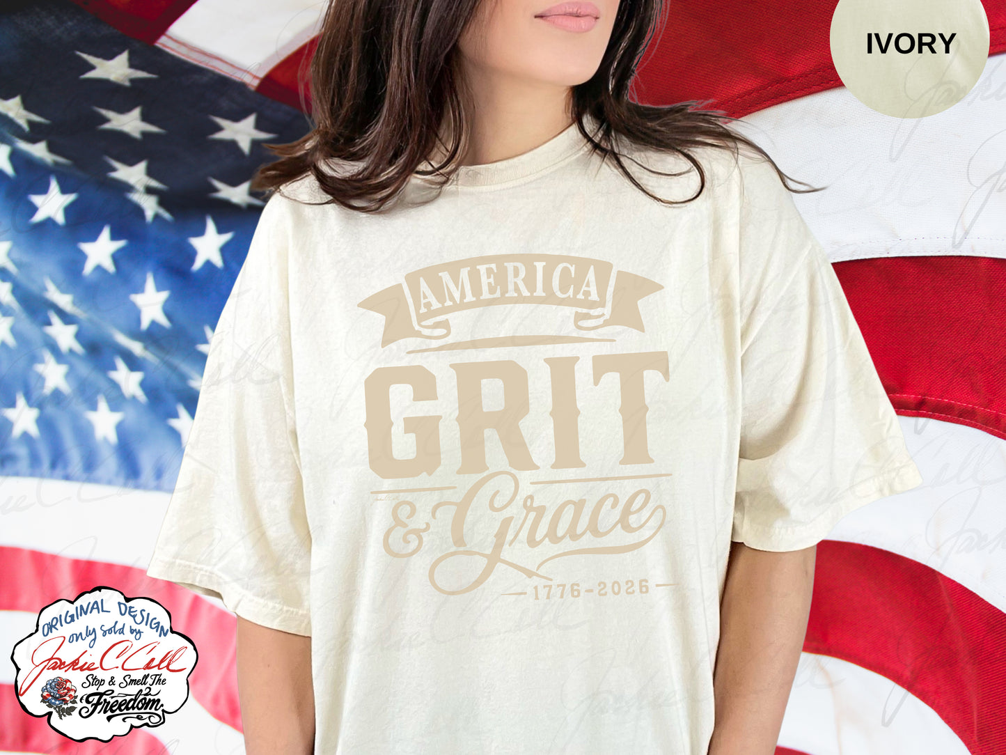 America Grit and Grace T-Shirt — Patriotic 1776-2026 America's 250th Graphic Cursive Letter Tee