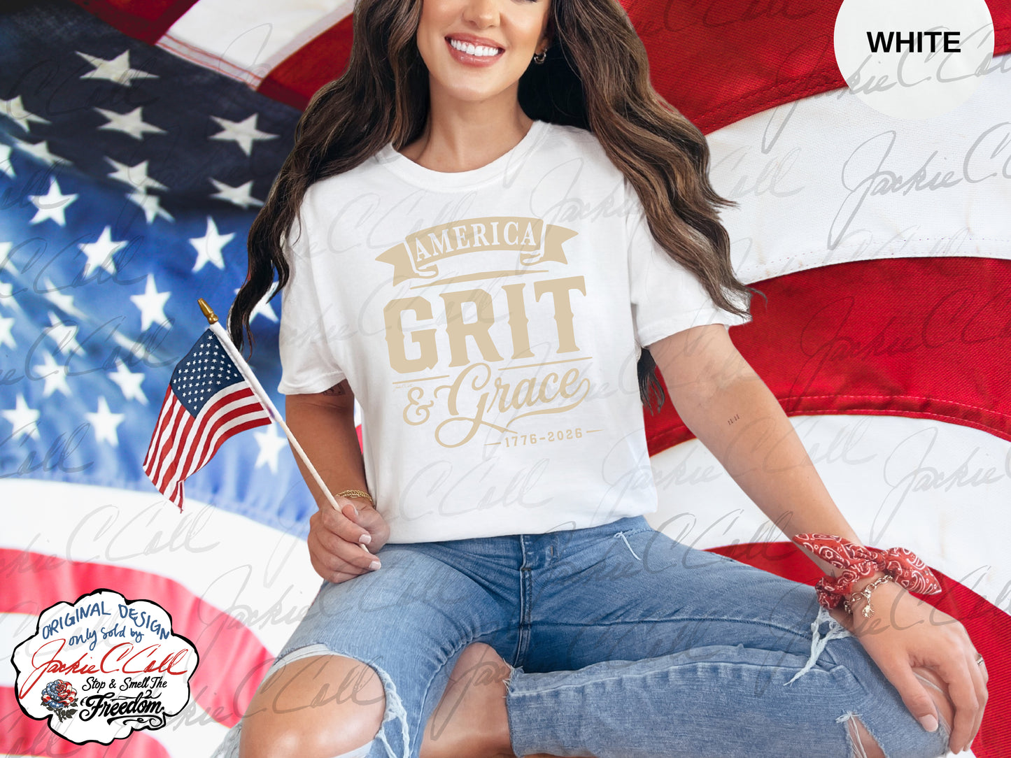 America Grit and Grace T-Shirt — Patriotic 1776-2026 America's 250th Graphic Cursive Letter Tee
