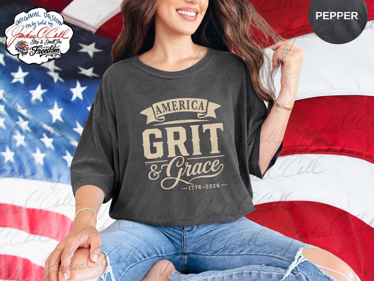 America Grit and Grace T-Shirt — Patriotic 1776-2026 America's 250th Graphic Cursive Letter Tee