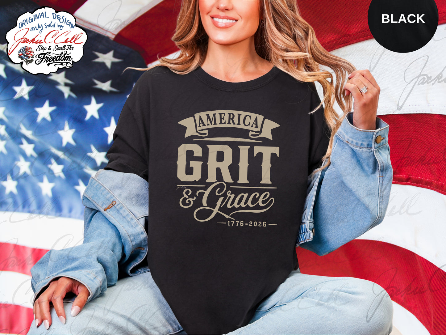 America Grit and Grace T-Shirt — Patriotic 1776-2026 America's 250th Graphic Cursive Letter Tee