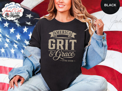 America Grit and Grace T-Shirt — Patriotic 1776-2026 America's 250th Graphic Cursive Letter Tee