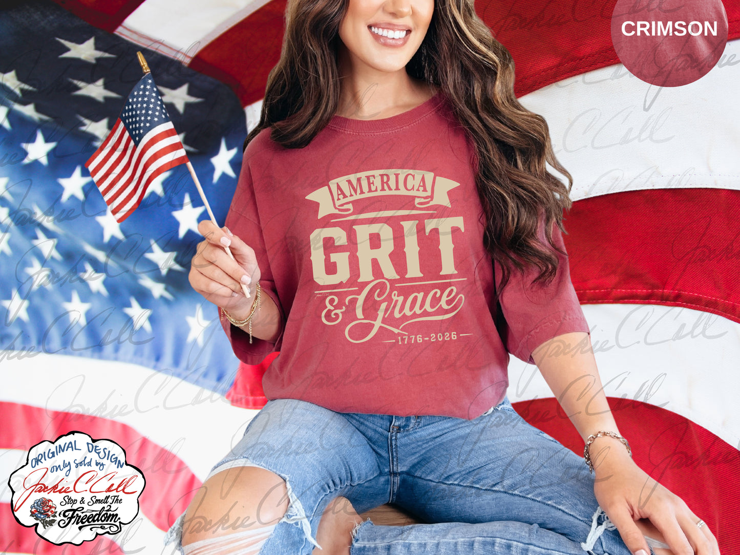 America Grit and Grace T-Shirt — Patriotic 1776-2026 America's 250th Graphic Cursive Letter Tee
