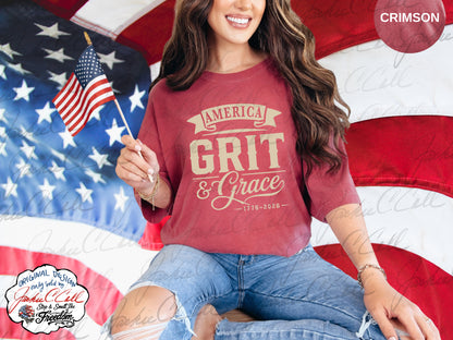 America Grit and Grace T-Shirt — Patriotic 1776-2026 America's 250th Graphic Cursive Letter Tee