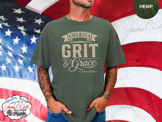 America Grit and Grace T-Shirt — Patriotic 1776-2026 America's 250th Graphic Cursive Letter Tee