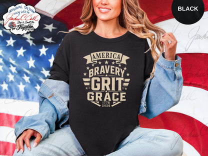 America Bravery Grit Grace T-Shirt — Patriotic 1776-2026 America's 250th Graphic Block Letter Tee