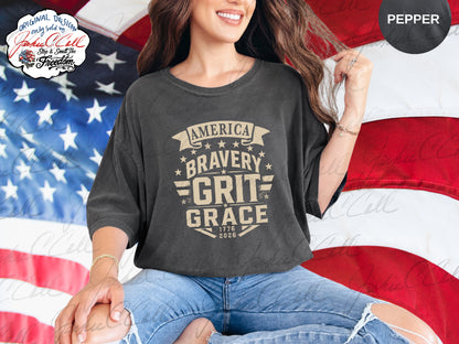 America Bravery Grit Grace T-Shirt — Patriotic 1776-2026 America's 250th Graphic Block Letter Tee