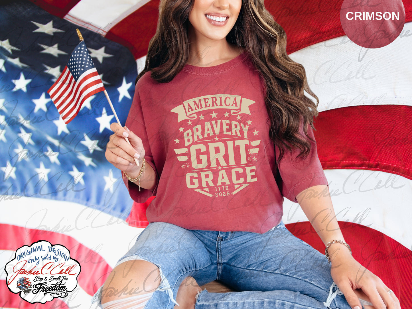 America Bravery Grit Grace T-Shirt — Patriotic 1776-2026 America's 250th Graphic Block Letter Tee