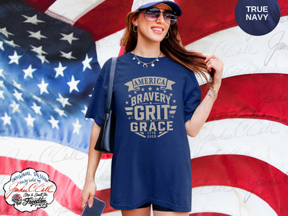 America Bravery Grit Grace T-Shirt — Patriotic 1776-2026 America's 250th Graphic Block Letter Tee
