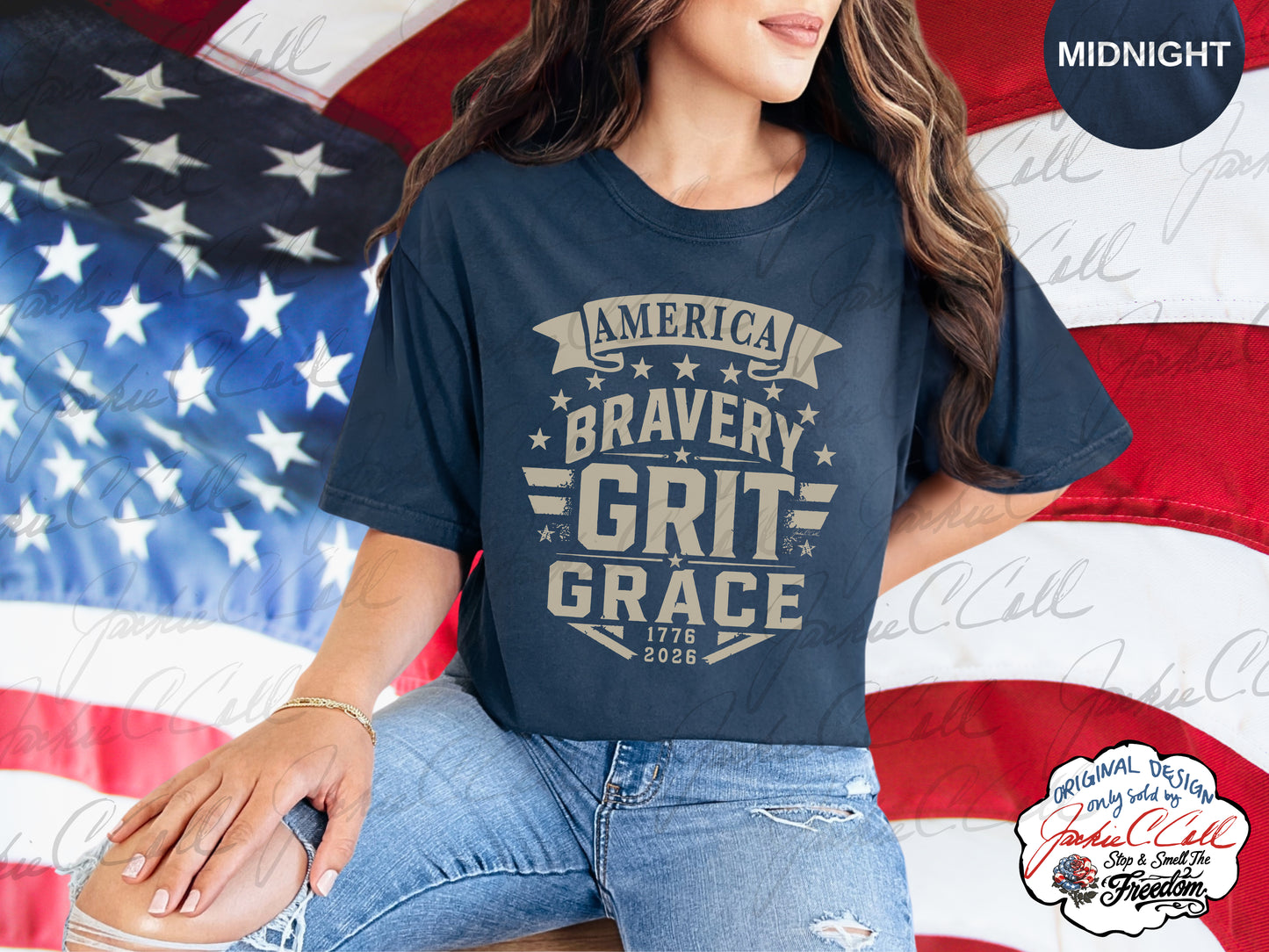 America Bravery Grit Grace T-Shirt — Patriotic 1776-2026 America's 250th Graphic Block Letter Tee