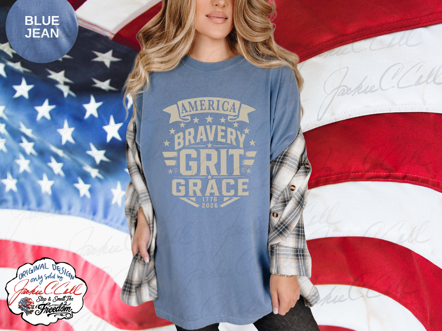 America Bravery Grit Grace T-Shirt — Patriotic 1776-2026 America's 250th Graphic Block Letter Tee