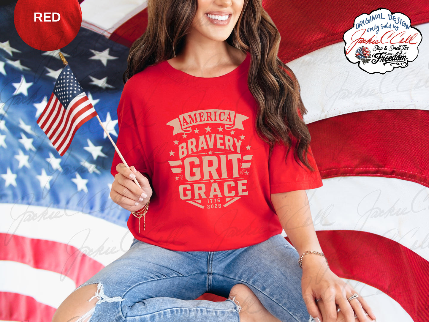 America Bravery Grit Grace T-Shirt — Patriotic 1776-2026 America's 250th Graphic Block Letter Tee