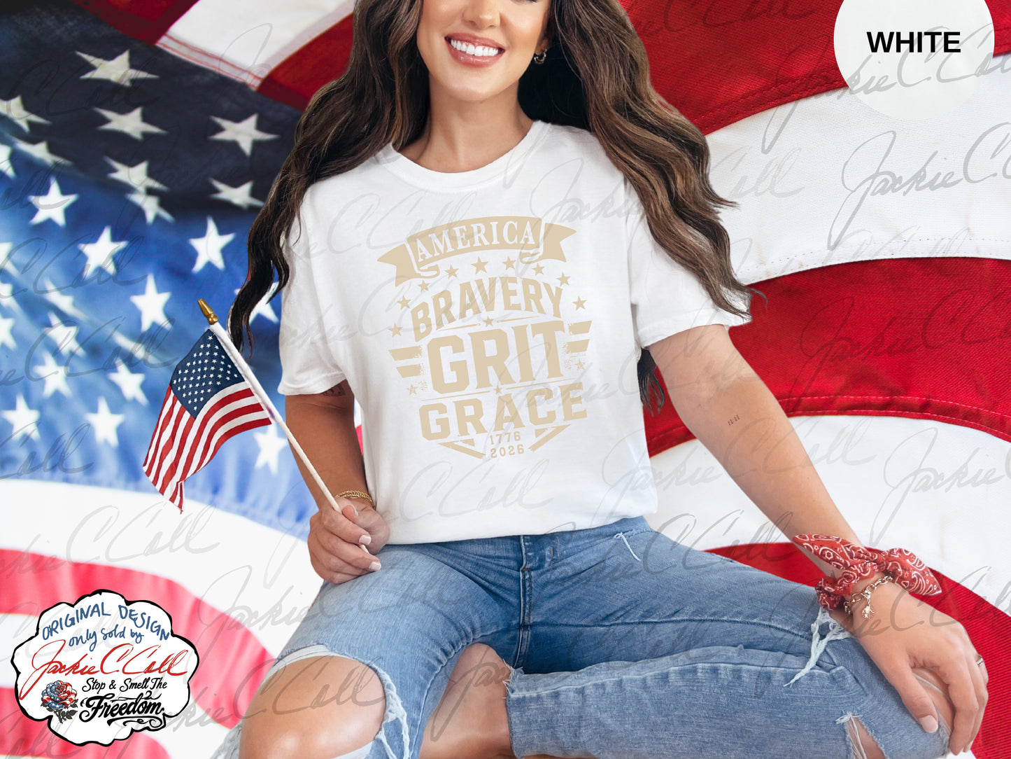 America Bravery Grit Grace T-Shirt — Patriotic 1776-2026 America's 250th Graphic Block Letter Tee