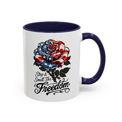 American Flag Rose Ceramic Accent Handle Coffee Mug — 'Stop and Smell The Freedom' Patriotic Coffee Cup (11oz/15oz) - 250th America's Birthday Gift