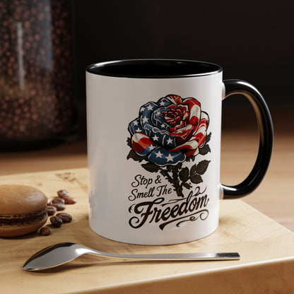 American Flag Rose Ceramic Accent Handle Coffee Mug — 'Stop and Smell The Freedom' Patriotic Coffee Cup (11oz/15oz) - 250th America's Birthday Gift