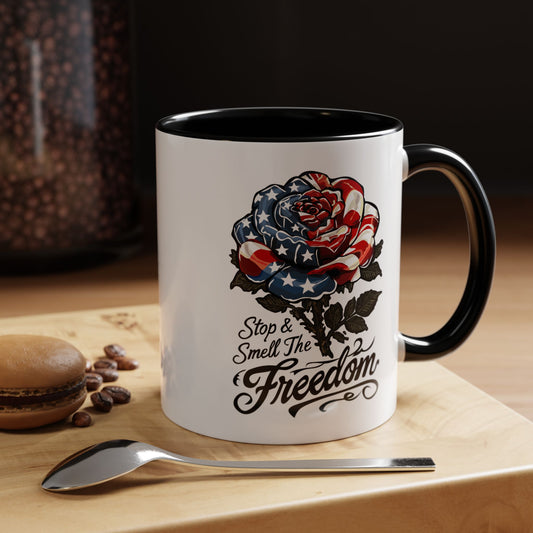 American Flag Rose Ceramic Accent Handle Coffee Mug — 'Stop and Smell The Freedom' Patriotic Coffee Cup (11oz/15oz) - 250th America's Birthday Gift