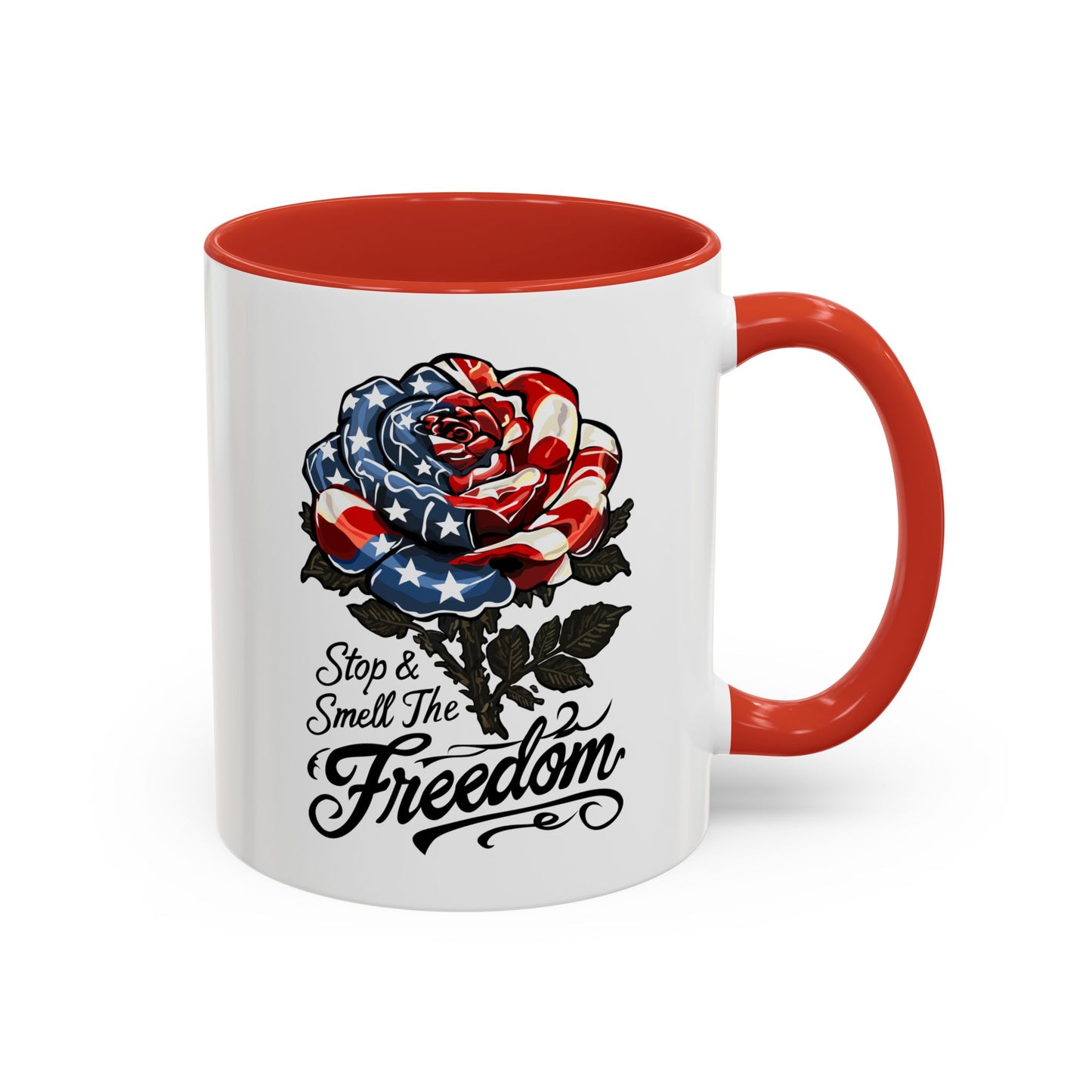 American Flag Rose Ceramic Accent Handle Coffee Mug — 'Stop and Smell The Freedom' Patriotic Coffee Cup (11oz/15oz) - 250th America's Birthday Gift