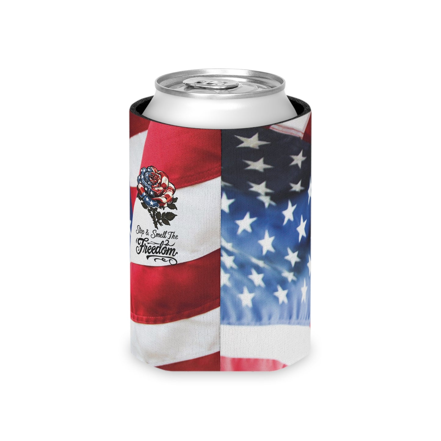 American Flag Rose Can Cooler | Patriotic Beverage Koozie, Star Spangled Freedom Design Can Coozie