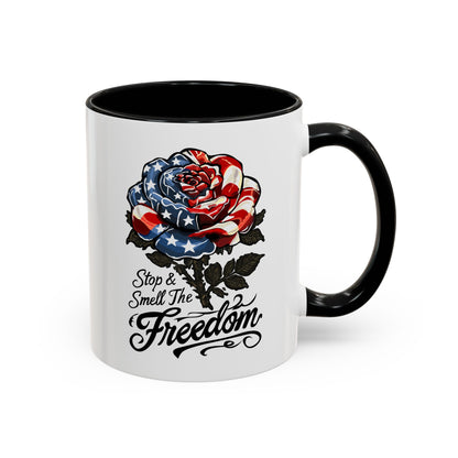 American Flag Rose Ceramic Accent Handle Coffee Mug — 'Stop and Smell The Freedom' Patriotic Coffee Cup (11oz/15oz) - 250th America's Birthday Gift