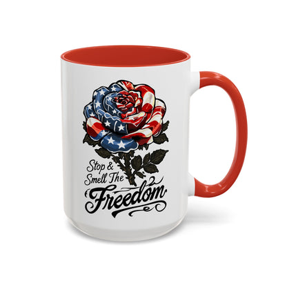 American Flag Rose Ceramic Accent Handle Coffee Mug — 'Stop and Smell The Freedom' Patriotic Coffee Cup (11oz/15oz) - 250th America's Birthday Gift