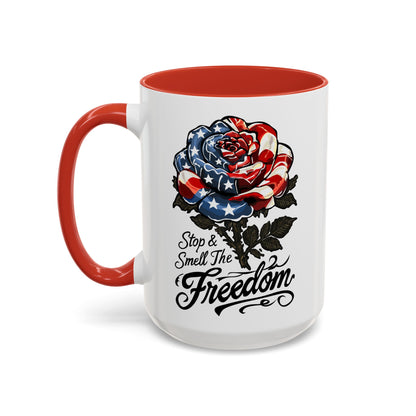 American Flag Rose Ceramic Accent Handle Coffee Mug — 'Stop and Smell The Freedom' Patriotic Coffee Cup (11oz/15oz) - 250th America's Birthday Gift