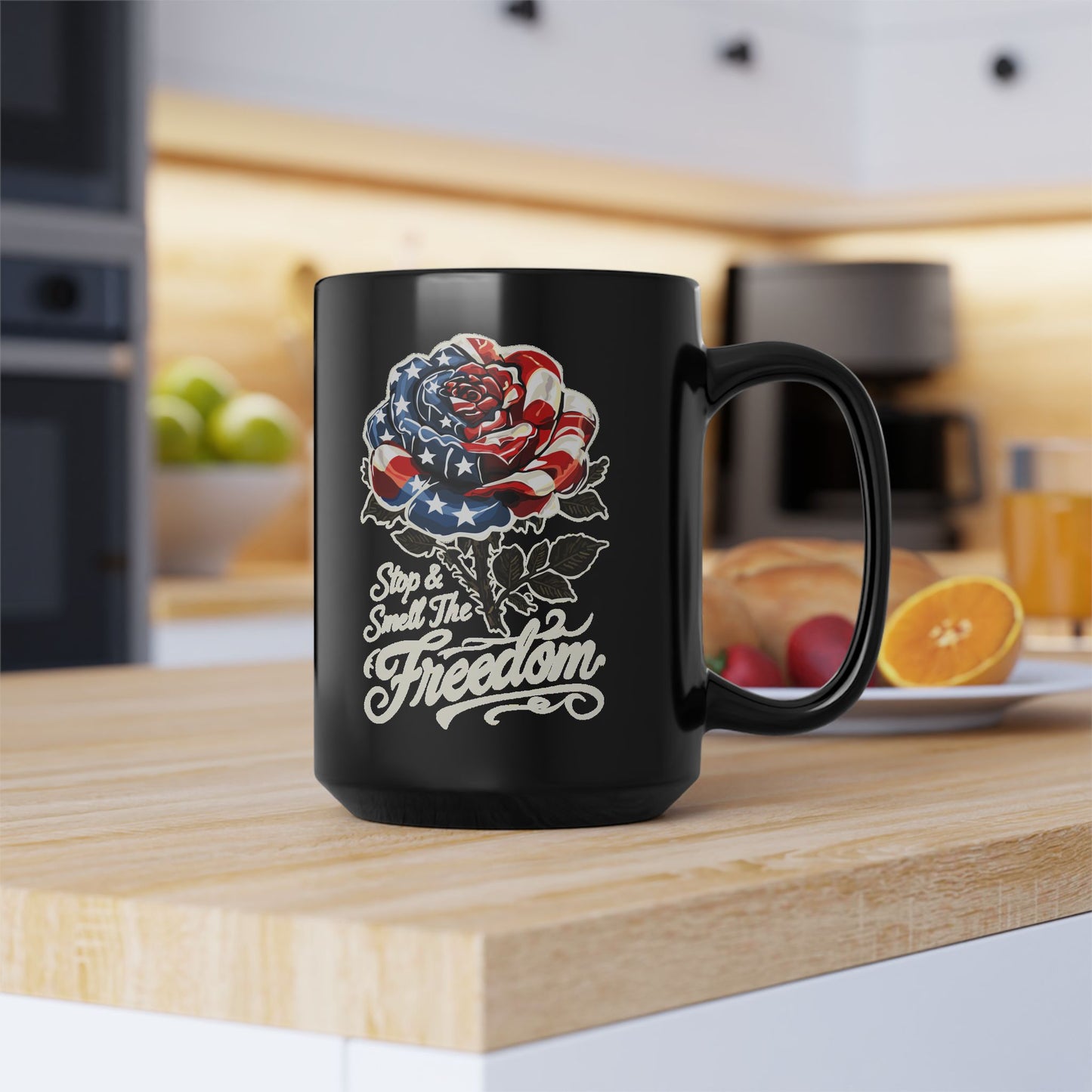 Patriotic Rose Mug — "Stop and Smell The Freedom" Black Coffee Mug (11oz & 15oz)