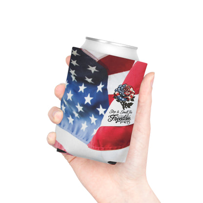 American Flag Rose Can Cooler | Patriotic Beverage Koozie, Star Spangled Freedom Design Can Coozie