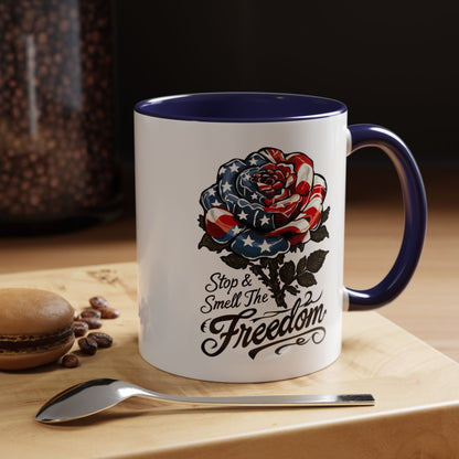 American Flag Rose Ceramic Accent Handle Coffee Mug — 'Stop and Smell The Freedom' Patriotic Coffee Cup (11oz/15oz) - 250th America's Birthday Gift