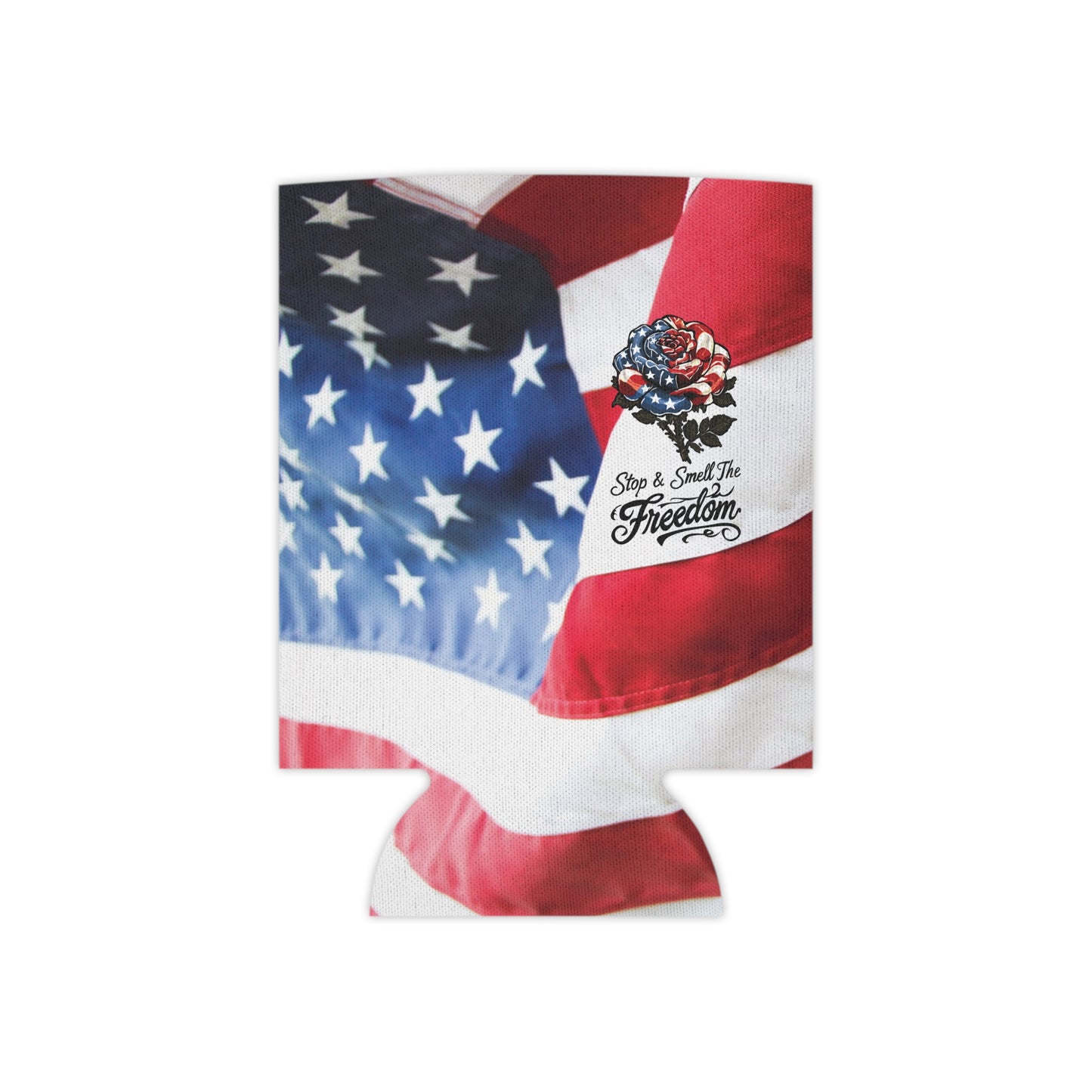 American Flag Rose Can Cooler | Patriotic Beverage Koozie, Star Spangled Freedom Design Can Coozie