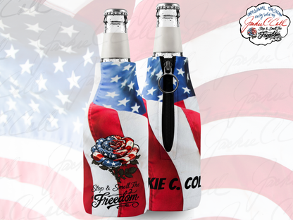 American Flag Rose Zip-Up Bottle Cooler Sleeve | Patriotic Stop and Smell The Freedom Can Cooler