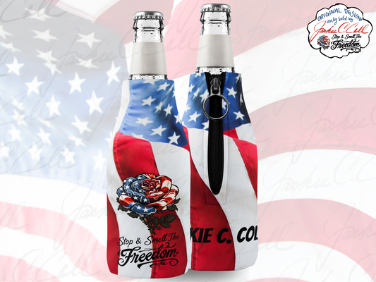 American Flag Rose Zip-Up Bottle Cooler Sleeve | Patriotic Stop and Smell The Freedom Can Cooler